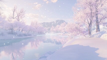 Serene Winter Wonderland with Cherry Blossoms and Soft Snowfall