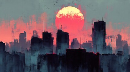 Fototapeta premium Smoggy city skyline glows under a huge crimson sunset. AI Generated