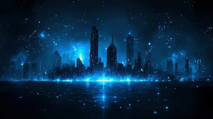 Futuristic Cityscape at Night with Glowing Lights and Starry Sky