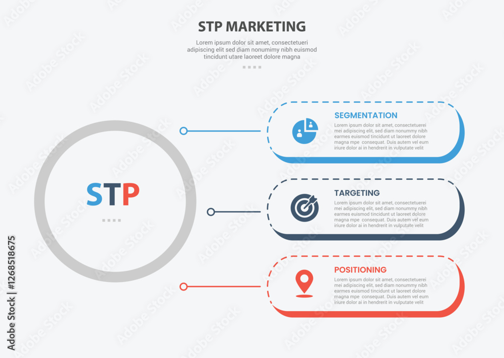 Aufkleber stp marketing infographic outline style with 3 point template with big circle and round rectangle co