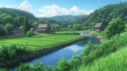 Fototapeta premium Serene Rural Landscape in Japanese Style with Lush Greenery and Water