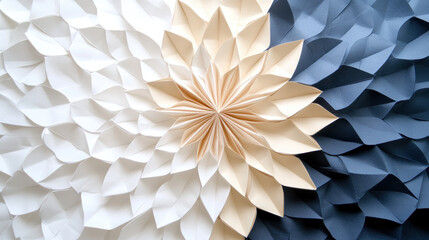 Geometric paper tessellations in monochrome shades form mesmerizing floral pattern with intricate folds and symmetry, blending white, beige, and dark blue hues in delicate, artistic composition