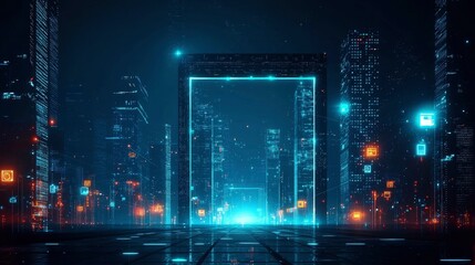 Fototapeta premium Futuristic Cityscape with Glowing Portal at Night