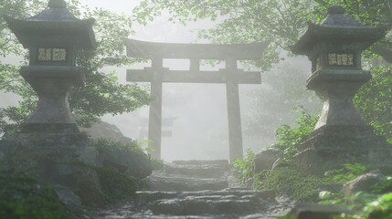 Mystical Shrine Among Mountains in a Foggy Japanese Landscape