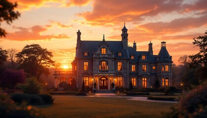 Grand Estate at Sunset Majestic Mansion with Lit Windows and Lawn