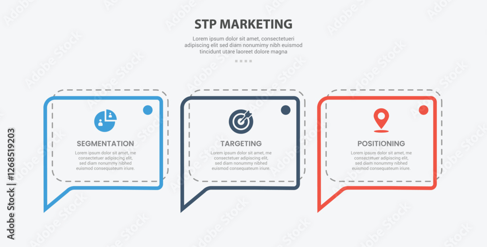 Aufkleber stp marketing infographic outline style with 3 point template with callout discussion box with dotte