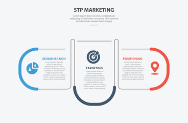 STP marketing infographic outline style with 3 point template with round rectangle container box with opposite direction for slide presentation
