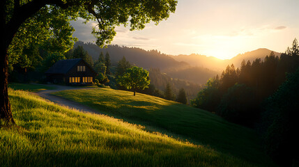 Sunset over Mountain Cabin and Grassy Hillside