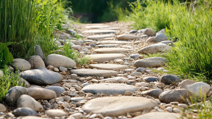 Obraz premium Gravel pathway textures finely defined stones and pebbles surrounded by lush green grass, creating natural and serene outdoor setting with earthy tones and organic shapes