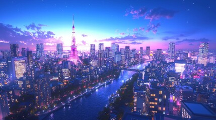 Obraz premium Futuristic Skyline View of a Vibrant Japanese City at Twilight