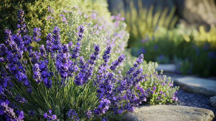 Obraz premium A close up of lavender plants, their purple hues and delicate flowers creating an enchanting garden scene, generative AI