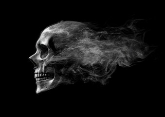 A haunting skull engulfed in ethereal smoke on a pure black backdrop