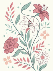 Vintage pink floral vector pattern with ornate leaf elements