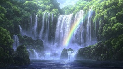 Naklejka premium Tranquil Waterfall Scene with Rainbow in Serene Japanese Landscape