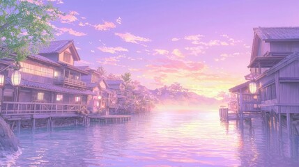 Fototapeta premium Serene Coastal Village at Twilight with Calm Waters and Soft Lights