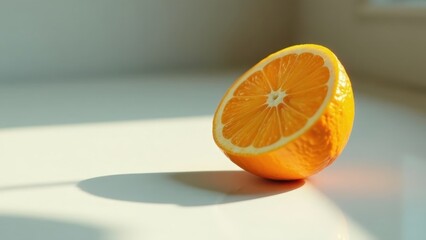 A vibrant half of a citrus fruit rests on a smooth, bright surface, bathed in sunlight, casting a gentle shadow