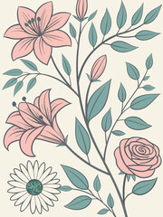 Seamless floral pattern with flowers and leaves in a vintage style, perfect for wallpaper, textile design, and garden-inspired decor
