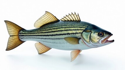 Striped Bass Fish Detailed Rendering, Aquatic Wildlife Closeup Illustration Against White Background