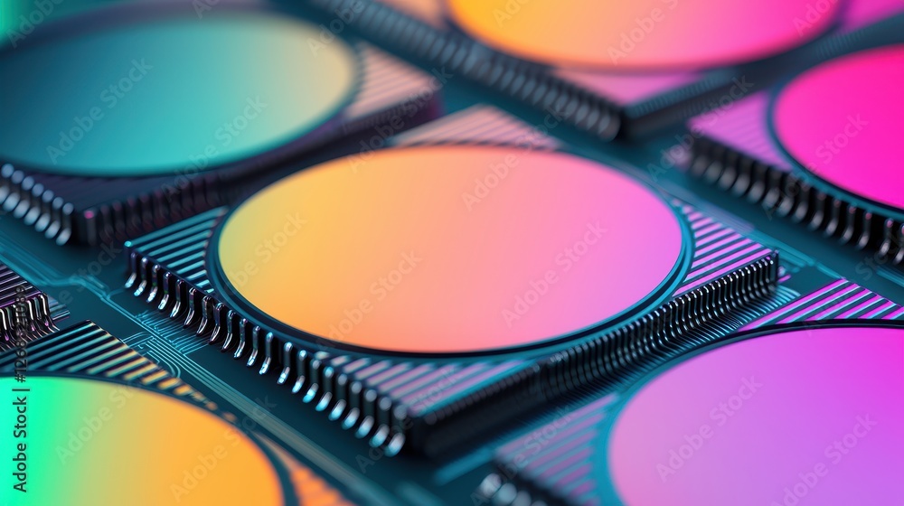 Poster abstract patterns of semiconductor wafer concept, glowing circular and rectangular patterns on wafer