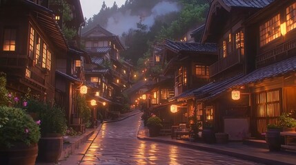 Obraz premium Charming Japanese Village Street at Twilight with Lanterns and Mist
