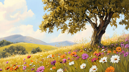 Fototapeta premium sunlit meadow with vibrant wildflowers full bloom, featuring large tree with golden leaves providing shade. Rolling hills and bright blue sky with soft clouds create serene and picturesque
