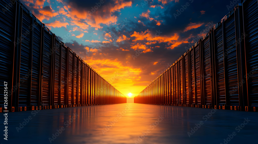 Poster sunset over rows of servers in a modern data center