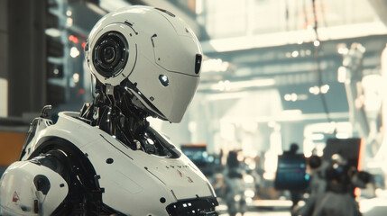 Fototapeta premium Futuristic robot in a spacious, modern facility. Possible use Science fiction, technology, or artificial intelligence