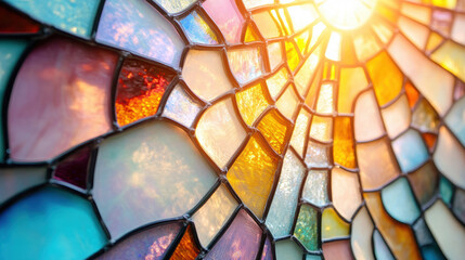 Fototapeta premium Intricate stained glass textures form vivid patterns illuminated by warm sunlight, creating mesmerizing display of colors and reflections. abstract design enhances artistic and decorative appeal