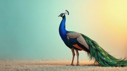 Majestic Peacock in Serene Setting, Displaying Vibrant Plumage Against a Soft, Pastel Background
