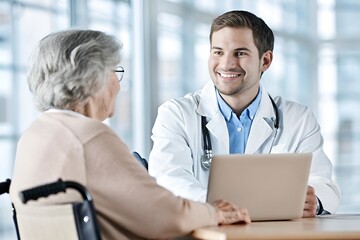 Obraz premium Caring Young Doctor Consulting Elderly Woman in Wheelchair in a Bright Medical Office