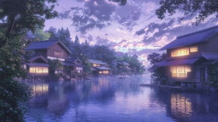 Fototapeta premium Serene Japanese Lakeside Retreat at Dusk with Soft Colors
