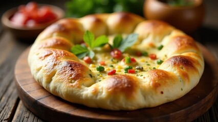 Golden-Brown Crusty Bread with Savory Vegetable Filling Baked to Perfection on Wooden Board