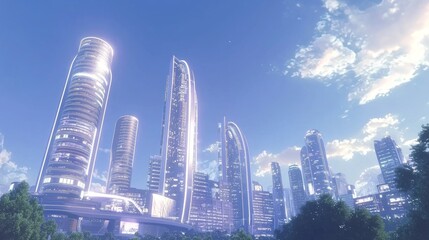 Obraz premium Futuristic High-Tech District with Modern Skyscrapers at Dusk