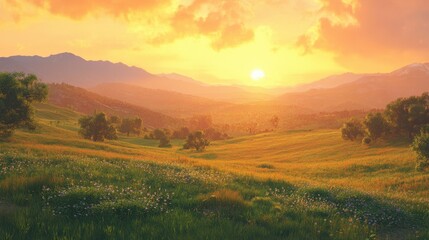 Fototapeta premium A serene sunset over rolling hills, with golden light cascading onto lush green meadows and distant mountain ranges