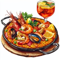 Vibrant seafood paella with fresh shrimp, mussels, and colorful vegetables served with a refreshing cocktail on a wooden platter