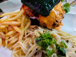 A satisfying spread of comfort food, perfect for a meal out.