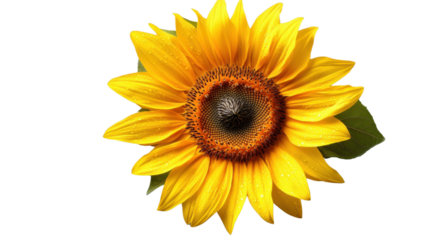 Bright sunflower blooming with dew drops on transparent background