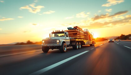 Fototapeta premium Truck Transporting Steel Pipes on Highway During Sunset Driving Fast
