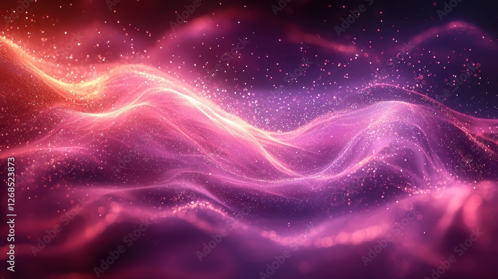 Poster abstract waves of light and color with sparkling particles.