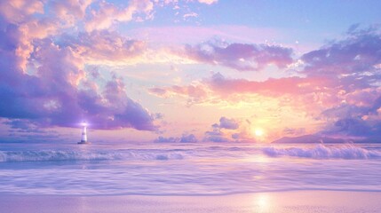 Obraz premium Serene Coastal Scene with Lighthouse and Colorful Sky at Sunset