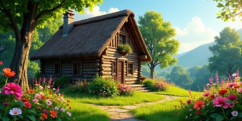 Obraz premium Rustic Log Cabin nestled in a vibrant floral landscape, bathed in warm sunlight, with a scenic mountain backdrop, showcasing idyllic pastoral serenity.
