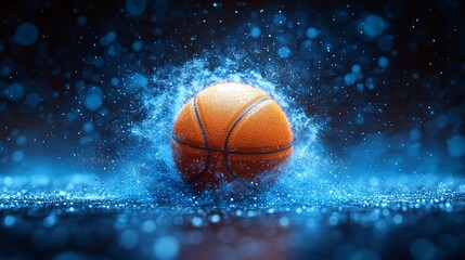 Glowing Blue Basketball Surrounded by Dynamic Water Splash in Mid Air Action Scene