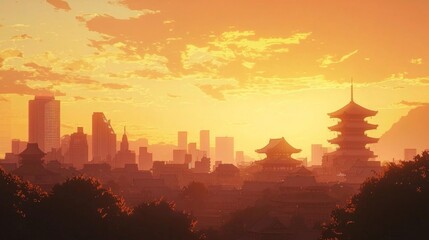 Futuristic Skyline at Golden Hour with Traditional and Modern Architecture