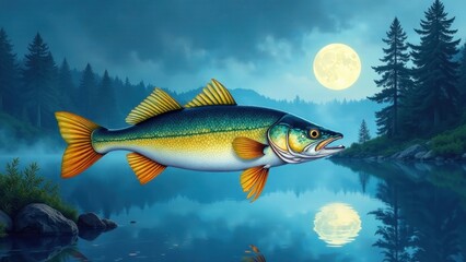 Fototapeta premium Nocturnal Aquatic Life A Vibrant Fish Swimming in a Serene Moonlight Lake Setting