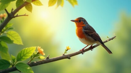 A vibrant little bird perched on a slender branch, basking in the warm glow of morning sunlight, surrounded by delicate blossoms and lush green leaves, a serene springtime scene.