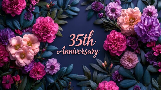 Sophisticated 35th Anniversary written on a chic banner with modern typography and a minimalist floral design, set against a rich purple backdrop.