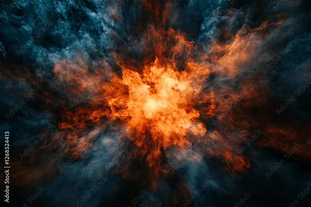 Poster fiery explosion in the sky with clouds and sun. abstract background
