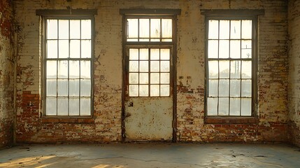 Obraz premium Abandoned factory interior, sunlight through windows, brick walls, grunge texture, design backdrop