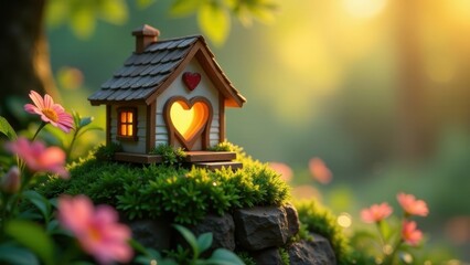 Fototapeta premium Miniature House with Heart-Shaped Window Nestled in a Lush Green Mossy Landscape at Golden Hour