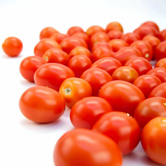 Gourmet cherry tomatoes with glossy, plump skin, arranged symmetrically on a white background, emphasizing their organic freshness and appetizing beauty in a macro close-up culinary photography shot.
